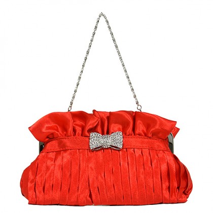 Evening Bag - 12 PCS - Pleated Satin w/ Rhinestone Bow - Red - BG-92288R